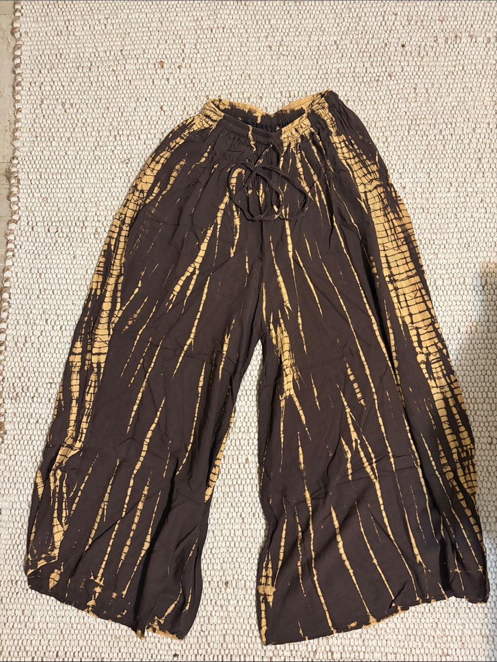 Wide Leg Tie-Dye Drawstring Pants - Black & Mustard